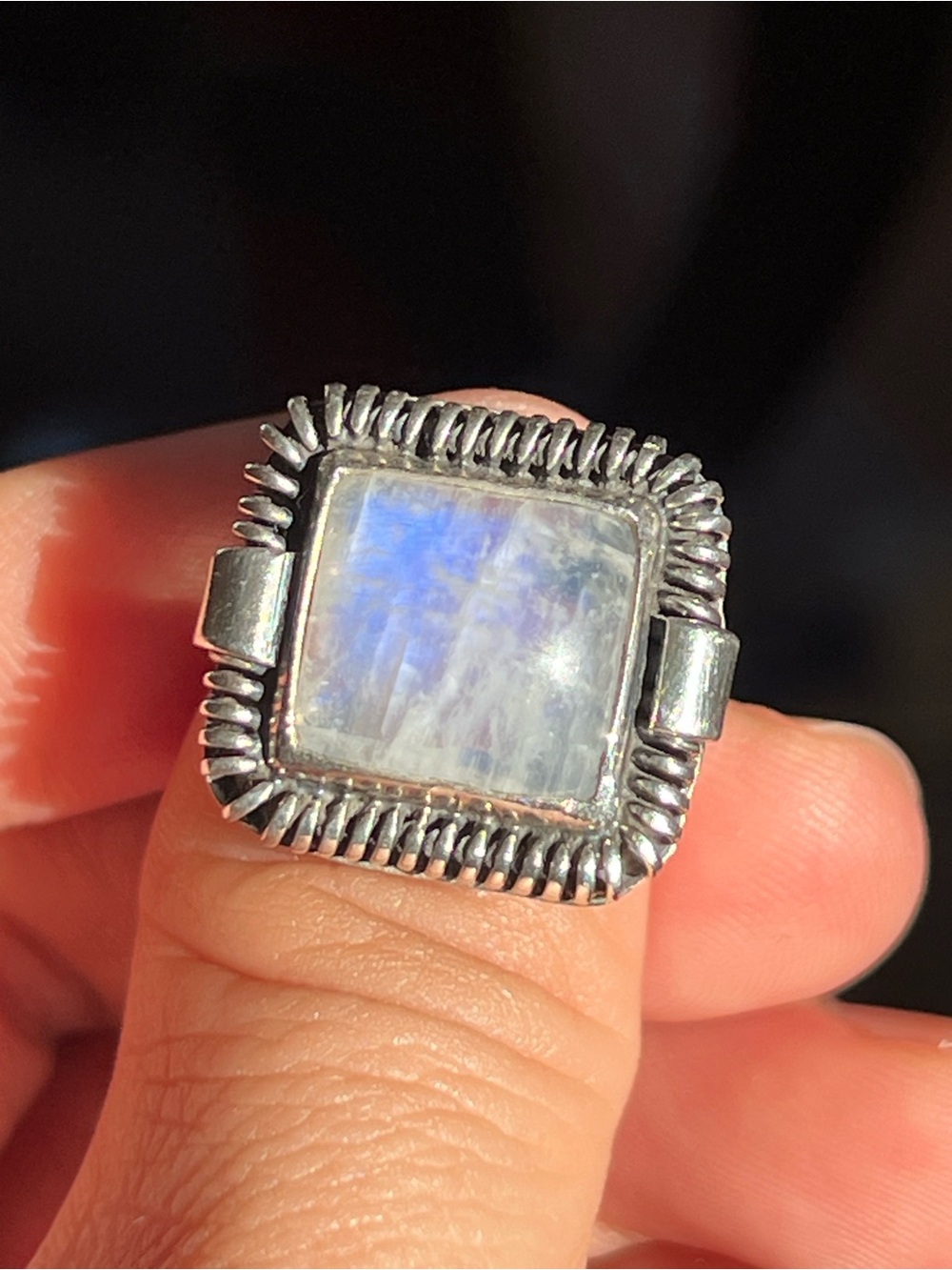 Moonstone Square Sterling Ring - Blue Flash